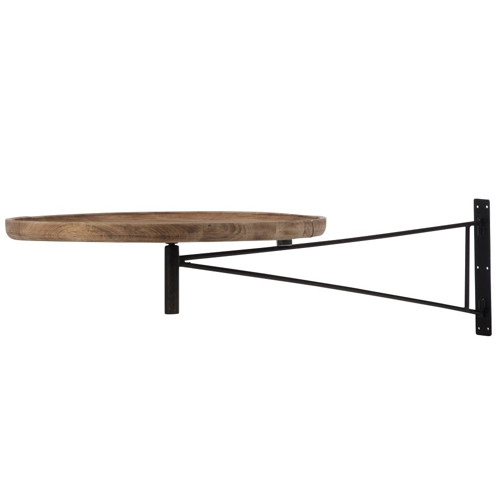 Table ronde murale pivotante PYVO bois naturel et métal noir.